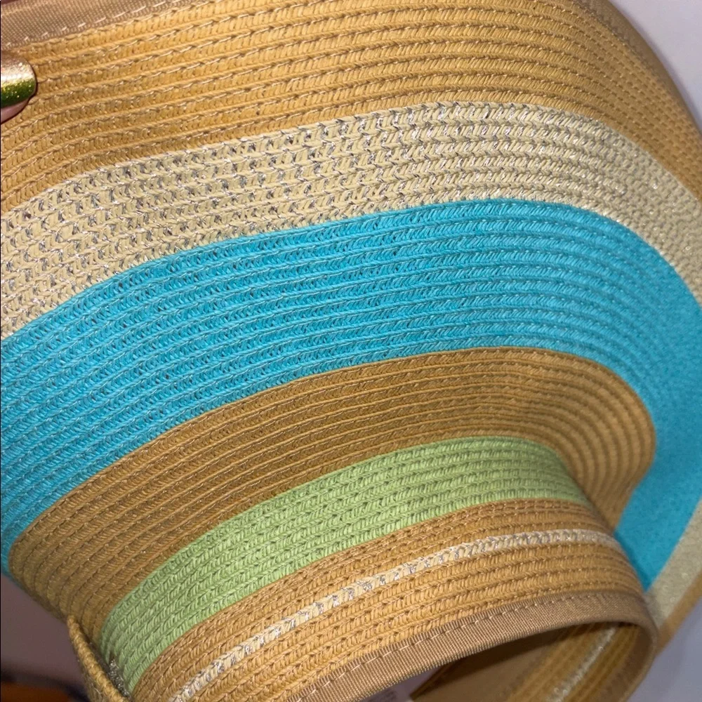Croft & Barrow Wide Brim Tan Blue Green With Metallic Thread Bow Back Visor Hat